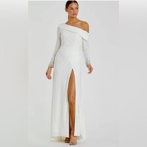 Mac Duggal White Beaded Cuff Elegant Off-Shoulder Dress